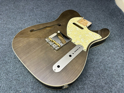 The semi-hollow body of TL electric guitar is 55.9mm wide and 17mm deep, with standard brass bridge and customized circuit.