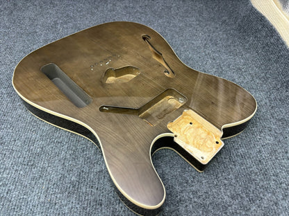 The semi-hollow body of TL electric guitar is 55.9mm wide and 17mm deep, with standard brass bridge and customized circuit.