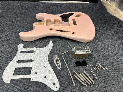 The semi-hollow body of the adapted ST electric guitar is 55.9mm wide and 17mm deep, with standard brass vibrato bridge and customized circuit.